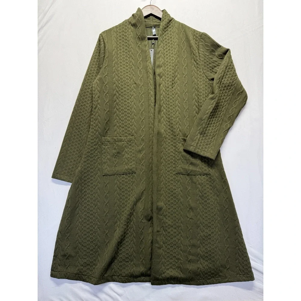 Made by Johnny Cardigan Sweater Womens Large Olive Green Cable Knit Open Front